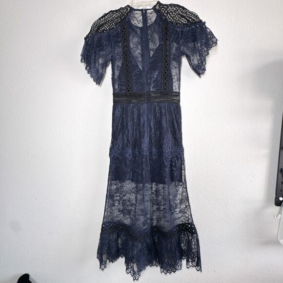 Self-Portrait Navy Lace Frill Midi Dress SP13-056 Size 4 Elegant Cocktail - Picture 11 of 16